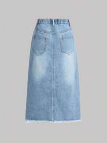 SHEIN Girlism Tween 女童 Y2K 春夏波西米亚风破洞开衩牛仔半身裙 - 淺色水洗藍 - 查看 2