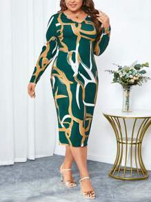 SHEIN Clasi Đầm dài tay in họa tiết cỡ lớn cho nữ - Màu xanh lá cây đậm - Xem 3