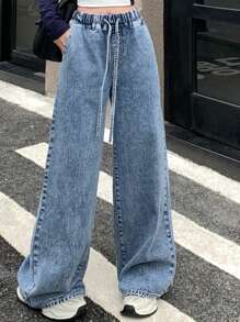 DAZY 女士抽绳腰带带口袋低腰牛仔裤