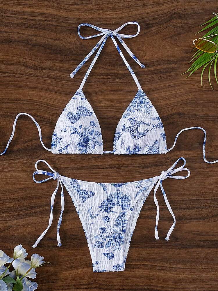 Summer Floral Printed Halter Neck Tie Bikini Set