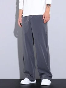 Manfinity Hypemode 男士實色休閒長褲,帶口袋,適合年輕人 - 灰色 - 查看 3