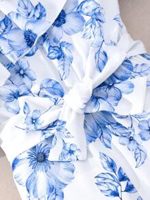 Teenage Girl's Floral Printed Asymmetrical Shoulder Jumpsuit Romper With Ruffle Hem, Including Waist Belt - Blue - View 6