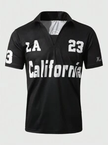 Manfinity Campus Court Men's Short Sleeve College Inspired Polo Shirt With Letter Print - Black - View 2