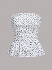SHEIN MOD Quý cô Quây In hoa Viền Ruffle Đúng mốt Áo - Màu xanh lam - Xem 1