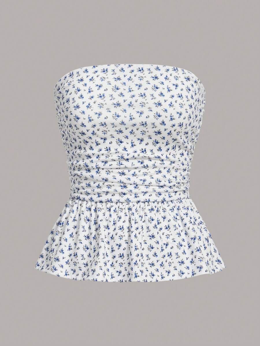 SHEIN MOD Quý cô Quây In hoa Viền Ruffle Đúng mốt Áo - Màu xanh lam - Xem 1