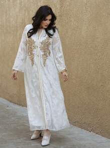 Al Najma Color Blocking Embroidered Patchwork Notched Neck Long Sleeve Jalabiya Dress Eid Dress, Modest Kaftan