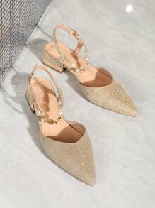 Women's Fashion Comfortable Christmas Pointed Toe Backless Strap Chunky Heel Slip-On Pumps, Suitable To Wear With Dresses