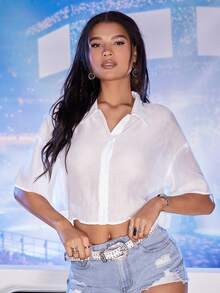 SHEIN EZwear 落肩透视纽扣前襟衬衫 - 白色 - 查看 5