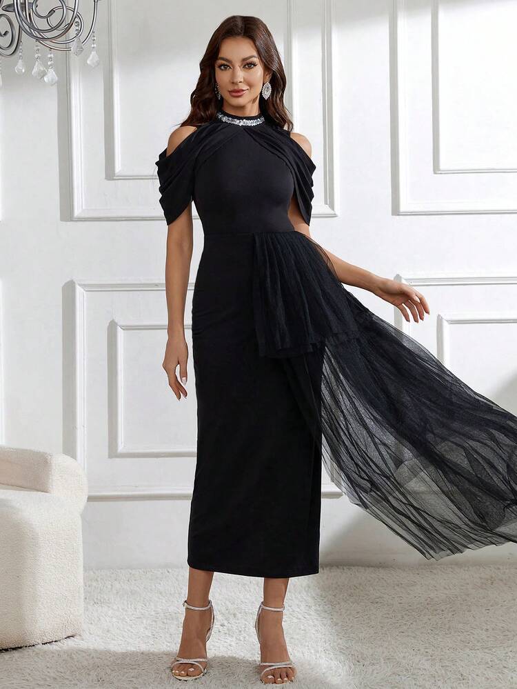 Women's Off Shoulder Multi-Layered Mesh Hem Dress Long Evening Dresses