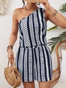 SHEIN VCAY 幾何印花單肩上衣和短褲套裝 - 藏蓝色 - 查看 4