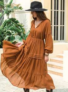Rusttydustty Chiffon Red V-Neck Tie Waist Elegant Women's Maxi Dress, Casual Bohemian Style For Vacation, Valentine's Day, New Year Party - Brown - View 2