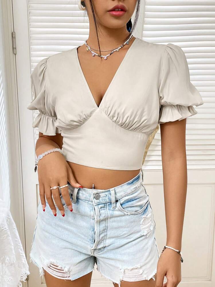 V-Neck Solid Colored Cropped Blouse With A Cinched Waist