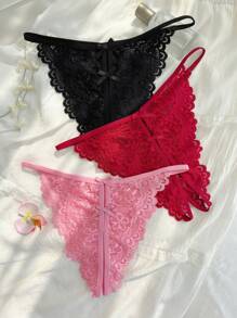 SHEIN 3pcs/Set Sexy Open Crotch Lace Panties - Assorted Colors Lingerie - Multicolor - View 5