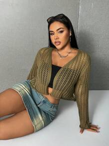 Flirla Plus Size Solid Color Hollow Out Knitted Cropped Cardigan Fall Cloth For Women - Green - View 5