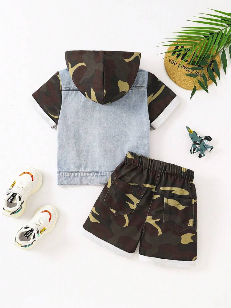 Young Boy's Camouflage Patchwork Denim Hooded Top And Shorts Set