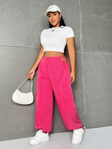 Flirla Plus Size Solid Color Hollow Out Flip Pocket Jogger Pants - Hot Pink - View 5