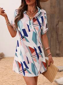 SHEIN Clasi Vestito Con Maniche A Sbuffo Stampato Geometrico - Multicolore - Visualizzare 5