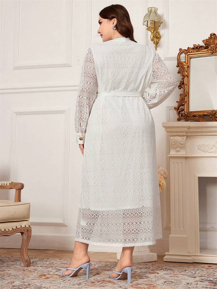 Plus Size Solid Color Hollow Out Jacquard Fashion Dress Fall Cloth For Women