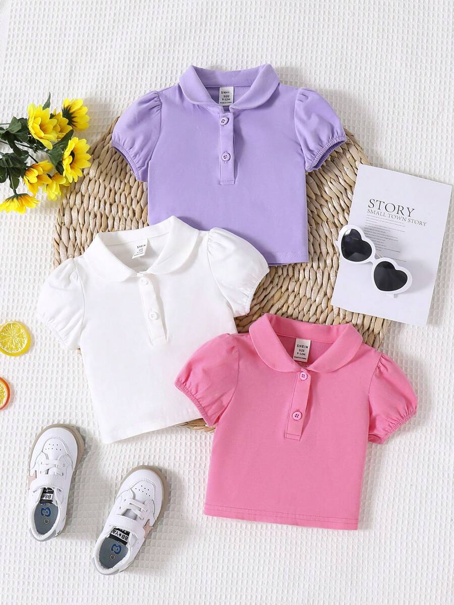 SHEIN 女宝宝可爱针织纯色彼得潘领短袖上衣 3 件套 - 紫色 - 查看 1