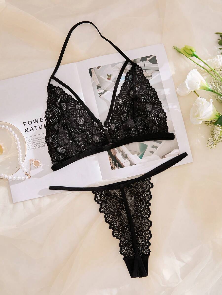 花卉蕾絲背帶內衣套裝 - 黑色 - 查看 1