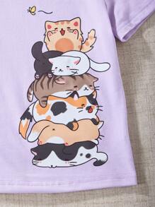 Camiseta roxa de manga curta com gola redonda para meninas adolescentes, com estampa de gato fofo, roupas casuais para uso diário - Roxo - Visão 6