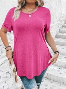 SHEIN Clasi Camiseta De Talla Grande Con Dobladillo Curvo, Botones Decorativos Y De Color Sólido
