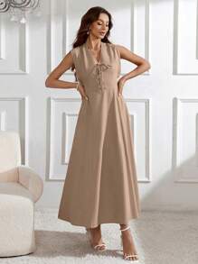 Modelyn Vestido largo sin mangas con cordones de encaje para mujer, vestido de noche - Caqui - Ver 3