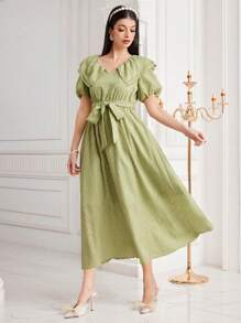 Modelyn 女用紋理燈籠袖連身裙 - 橄欖綠 - 查看 4