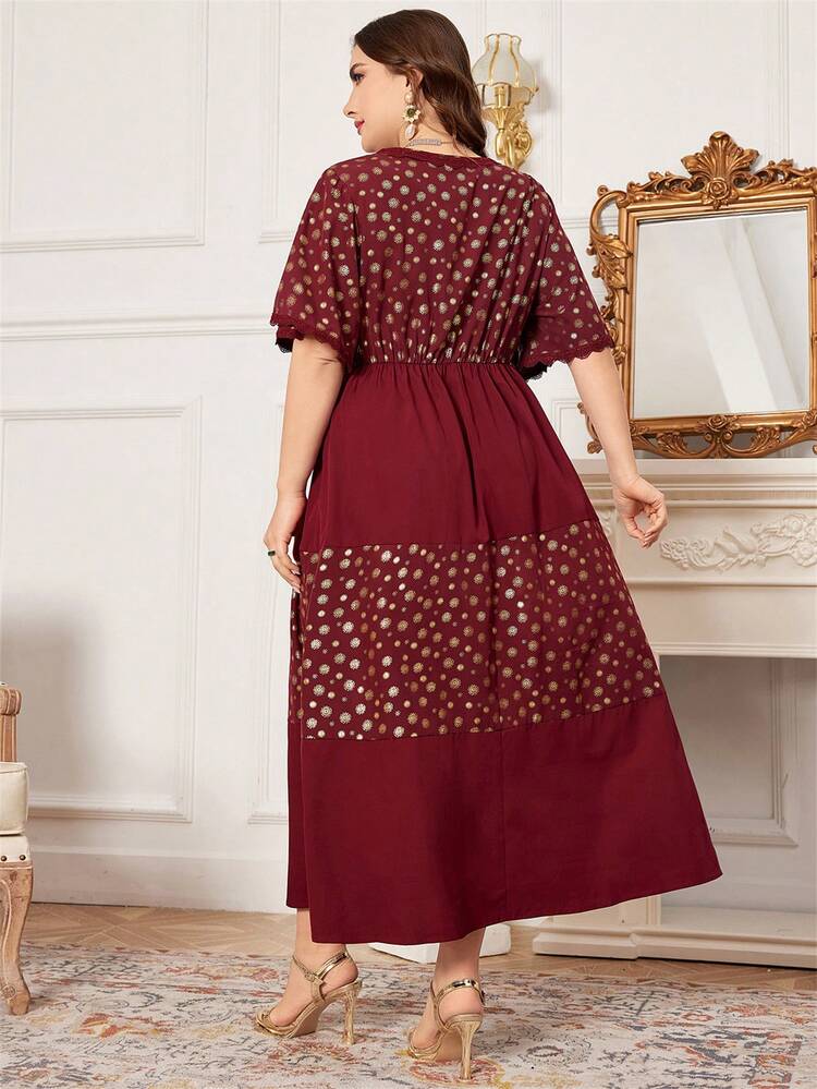 Burgundy Red Plus Size Embossed Printed Patchwork Dress
