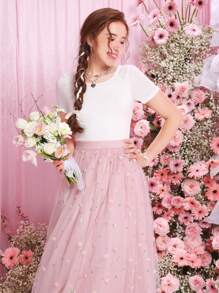 SHEIN Set Aus T-shirt Mit Ausgeschnittenem T-shirt Mit Schleife Hinten Und Mesh-stickerei Für Teenager-mädchen Und A-linien-midirock - Pink - Übersicht 4