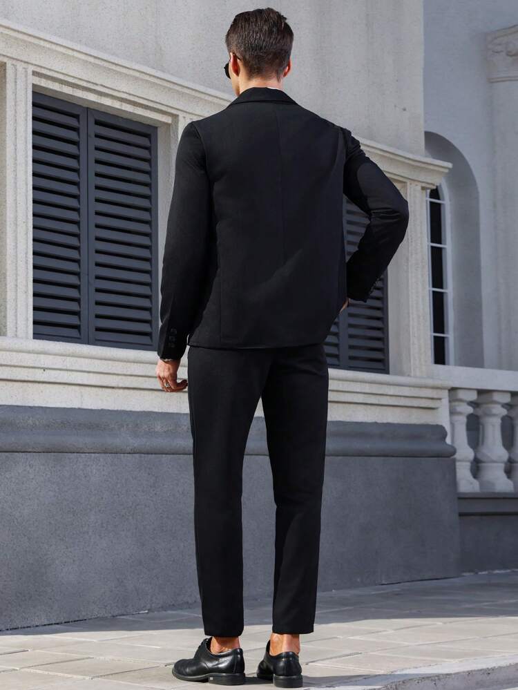 Men'S Contrast Color Turn-Down Collar Single-Breasted Suit Jacket And Solid Color Trousers Set