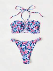 SHEIN Swim Women's Floral Print Halter Neck Bikini Set Summer Beach - Multicolor - View 5
