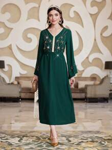 Al Najma V-Neck Arabic Style Dress With Rhinestone Embellishment - Dark Green - View 4