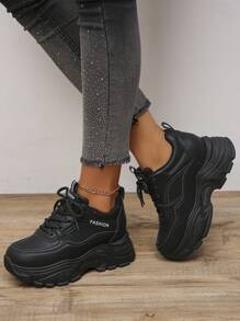 女士平台運動鞋，內增高，厚底運動鞋，春秋，休閒萬能，PU皮革，適合身材矮小的女性 - 黑色 - 查看 5