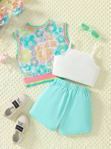 SHEIN 少女夏季新可愛服裝套裝：背心，有空洞&口號印花的網紗背心，休閒短褲 3入組 - 綠色 - 查看 2