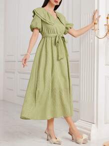 Modelyn 女用紋理燈籠袖連身裙 - 橄欖綠 - 查看 8