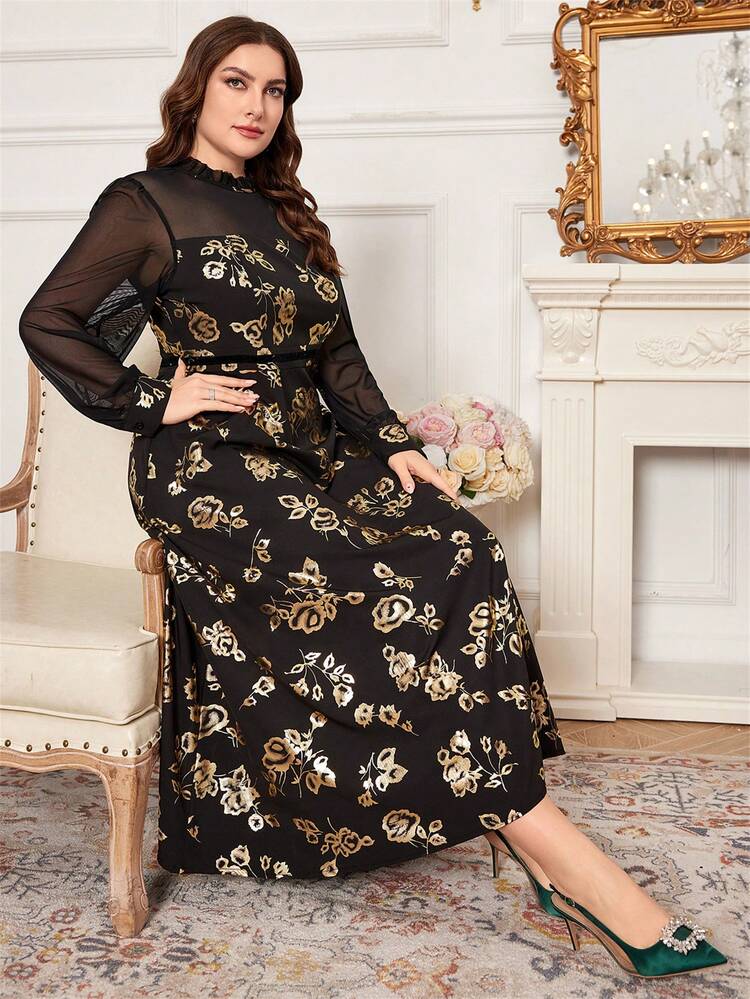 Plus Size Stylish Patchwork Dress With Gold Foil Floral Print Fall Cloth For Women