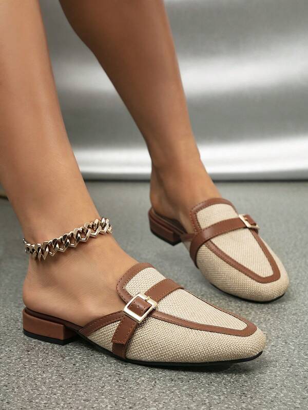 Women's Fashionable Low Heel Canvas Mule Shoes, Comfortable Round Toe Slip-On Flat Sandals