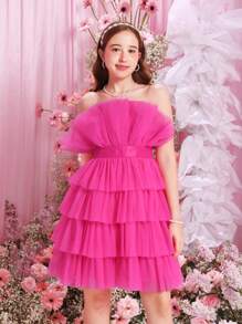 Vestido De Tirantes De Tul En Capas De Color Sólido Para Niña Adolescente Con Correas De Hombro Y Cinturón Extraíbles - Rosa Fucsia - Ver 4