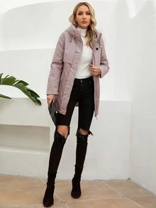 GASMAN Women Letter Embroidered Drawstring Hooded Padded Coat - Pink - View 3