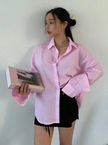 DAZY 格子印花扣緊前長袖襯衫 - 粉色 - 查看 5