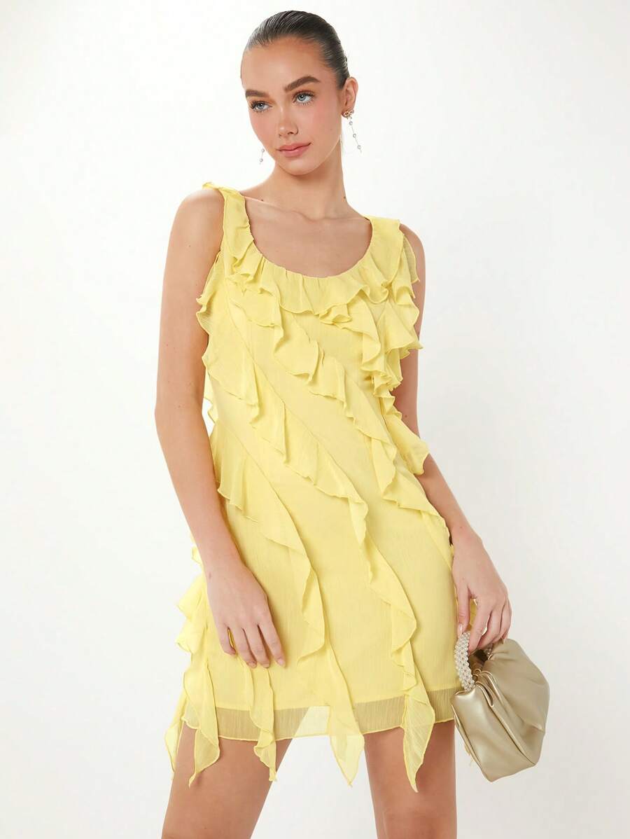 Enchnt Women's Solid Color Patchwork Ruffles Sleeveless Dress - Yellow - View 1