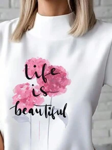 INAWLY 女式花卉印花立領t恤,帶有標語 - 白色 - 查看 4