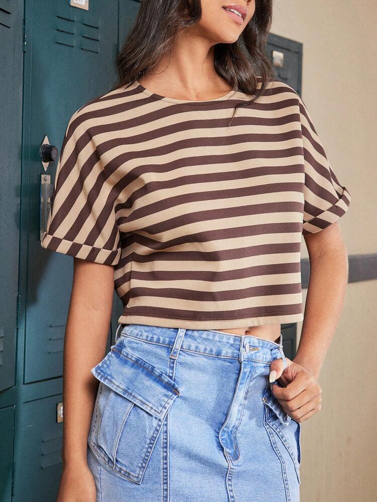 Women's Color Block Striped Batwing Sleeve Cropped T-Shirt