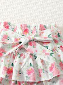 SHEIN 嬰兒女孩花卉印花優雅腰帶兩層蛋糕半身裙 - 粉色 - 查看 4
