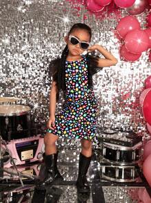 SHEIN Trẻ Cô gái Đầy màu sắc Đồ trang trí Rhinestone In Hoa mỏng Ruffle Đầm Cho mùa hè - Nhiều màu - Xem 1