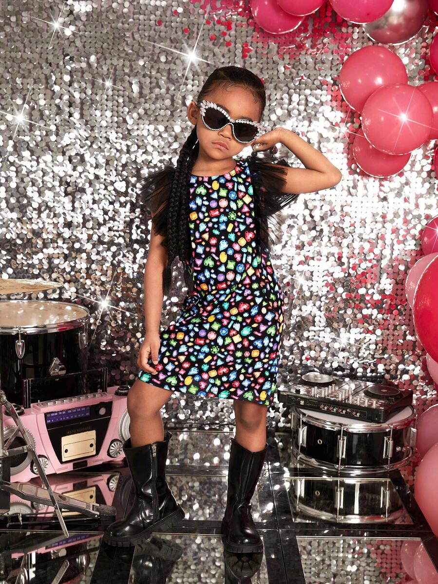 SHEIN Trẻ Cô gái Đầy màu sắc Đồ trang trí Rhinestone In Hoa mỏng Ruffle Đầm Cho mùa hè - Nhiều màu - Xem 1