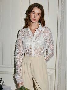 GENKIRA 女性薄透蕾絲透視襯衫 - 白色 - 查看 5