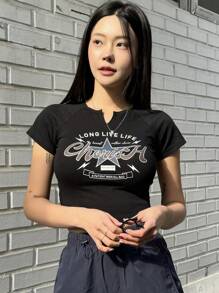 Dazy X KIMYOUJUNG 女式星星字母印花短款 T 恤 Y2k，图案 T 恤