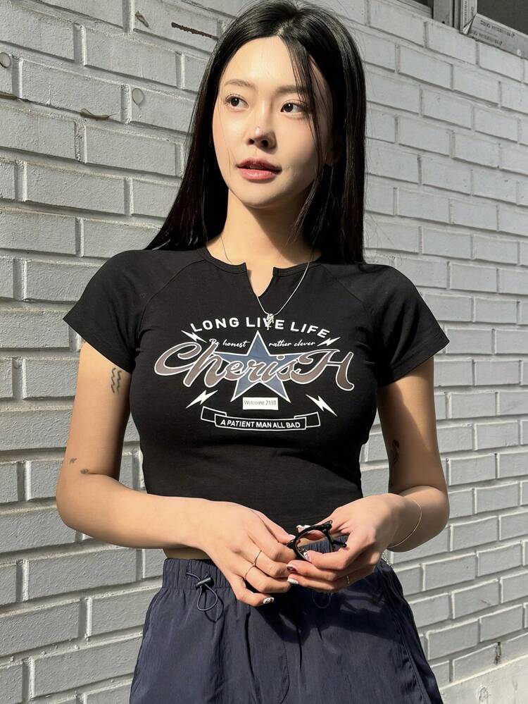 Dazy X KIMYOUJUNG Women's Short Cropped T-Shirt With Star And Letter Print Y2k,Graphic Tees